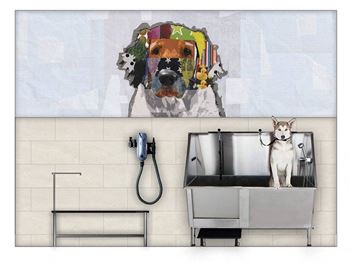 a dog in a bathroom with a painting of a dog